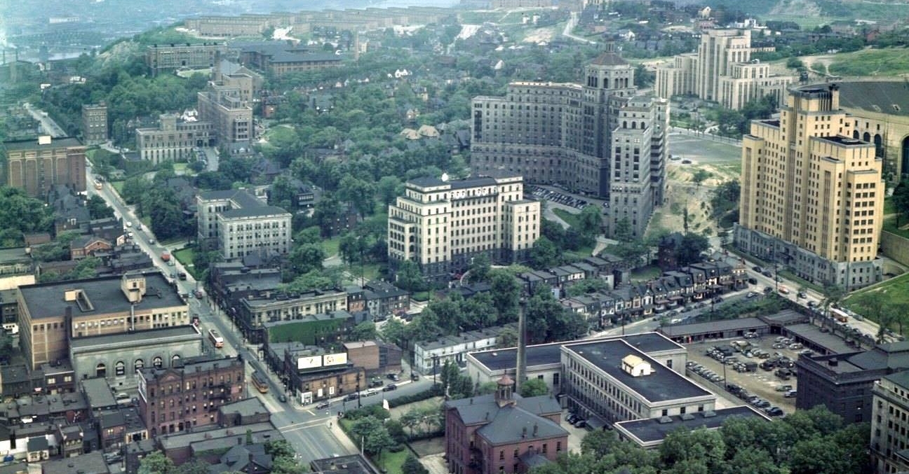 View of Oakland from the Cathedral of Learning circa 1950