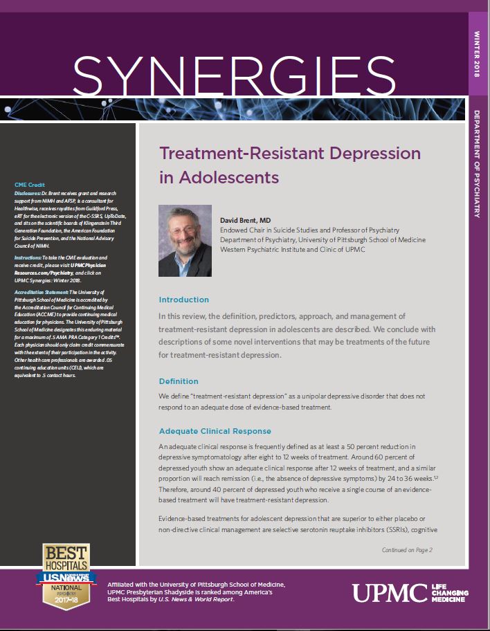 Synergies Winter 2018 Tx Resistant Depression in Adolescents